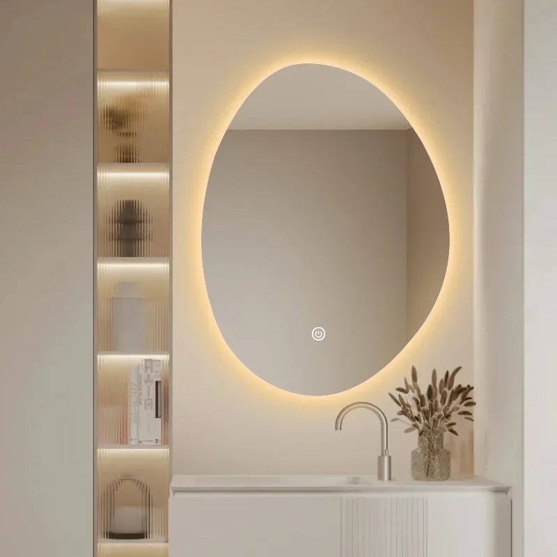 Nordic Wall Bathroom Mirror Shelf Fixtures Stickers Smart Light Mirror Mounted Shaving Irregular Espejos De Pared Ornament