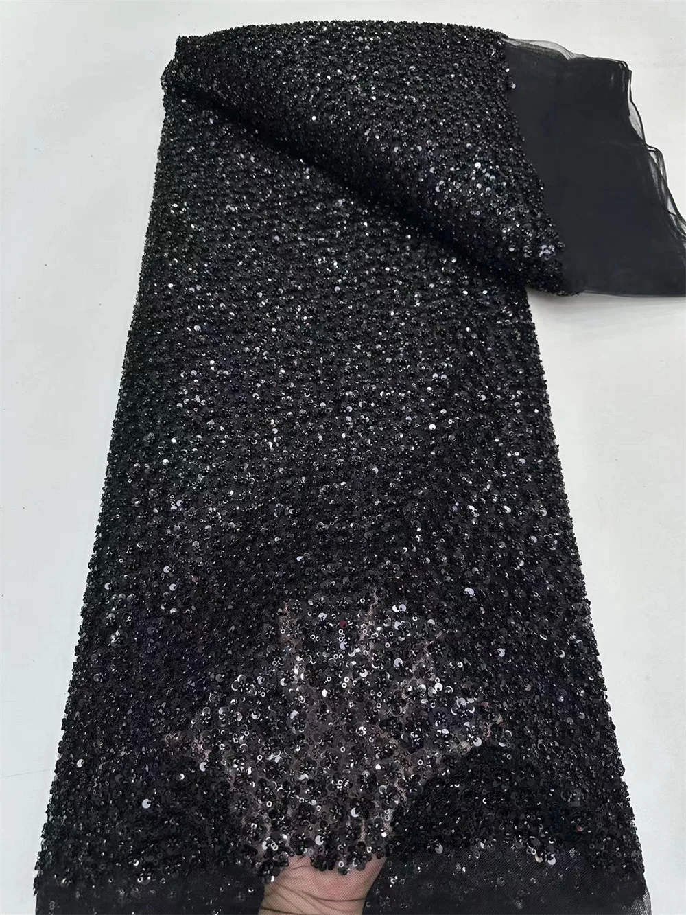 New African Lace Fabric Luxury Beaded Sequence Lace Fabric 2024 High Quality Black Lace Fabric 5 Yards For Evening Dress A594-1