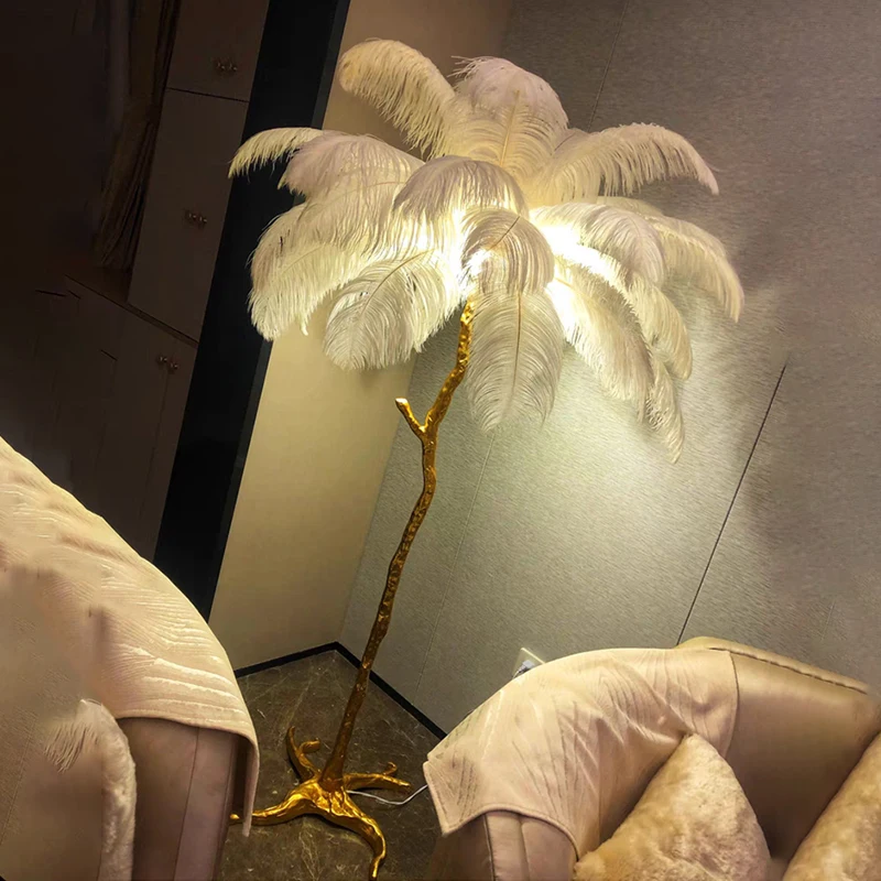 Nordic Ostrich Feather Led Floor Lamp Resin Copper Living Room Home Decor Standing Light Indoor Lighting Bedroom Bedside Lamp