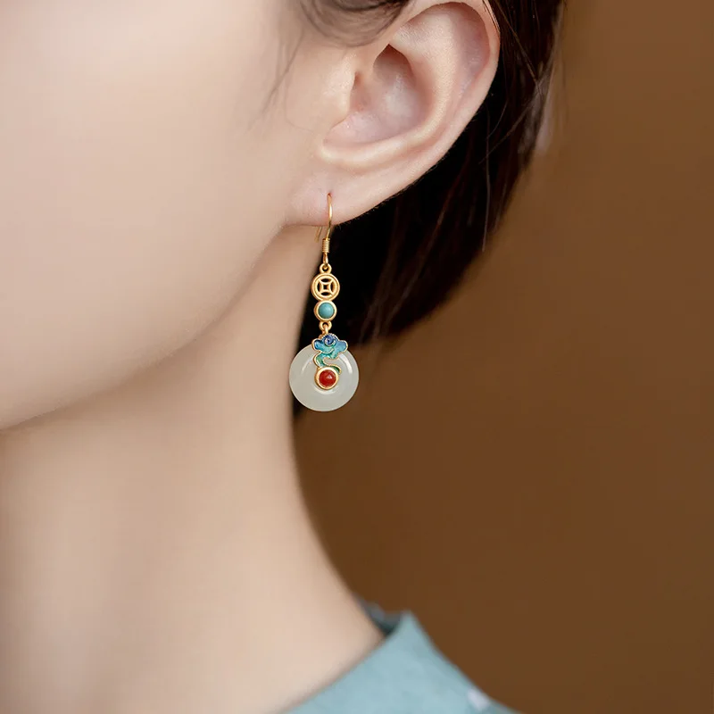 VENTFILLE Hetian Jade kolczyk z zaczepem na ucho damski wysokiej klasy temperament w stylu etnicznym kolczyki w stylu retro Cloisonne Craft Dangler prezent
