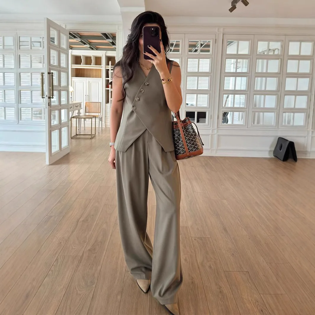 European and American Fashion Casual Set, V-neck Design Sense, Saistcoat, Sigh-waisted Women's suit And Long Pants Wwo-piece Set
