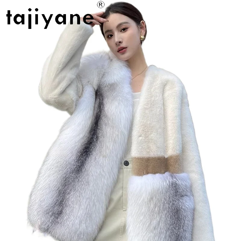 TAJIYANE 100% فرو المنك الطبيعي الربط الثعلب معطف الفرو امرأة فاخرة الخامس الرقبة سترة معاطف الفراء الحقيقي 2025 الملابس الشتوية schuba femenarska