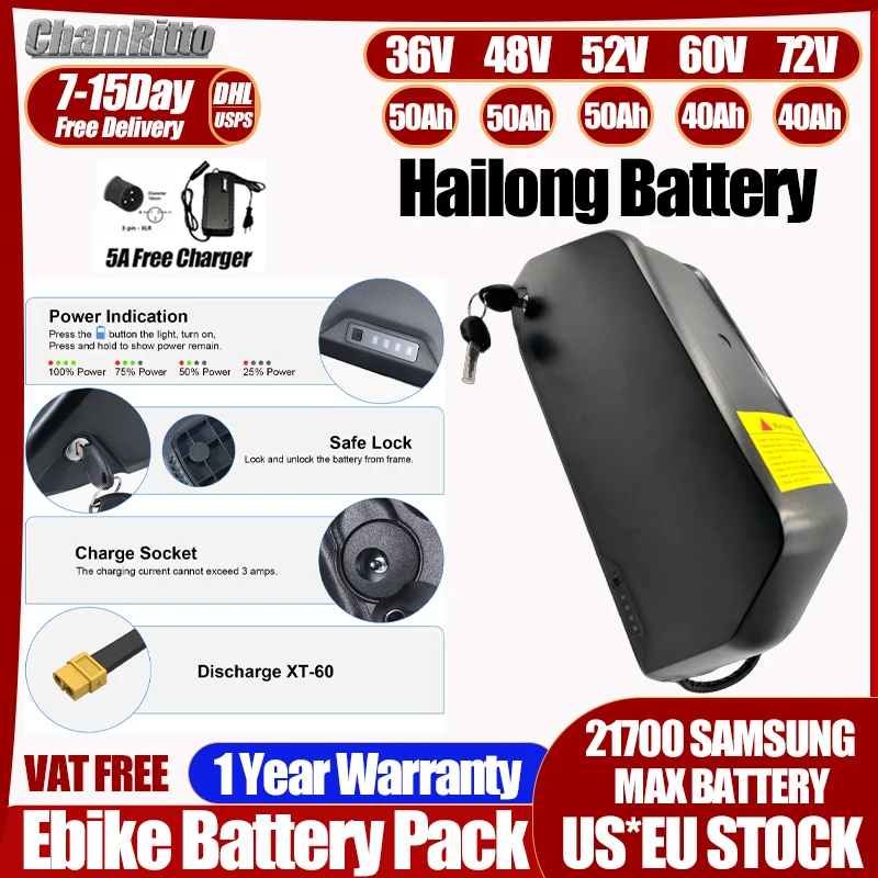 

36v 48v 52v Electric Bicycle 750w cham-rider Battery 60v72v 30 40 50 60ah Lower Tube 21700 Bafang ebike Batterij 1000w 2000w kit