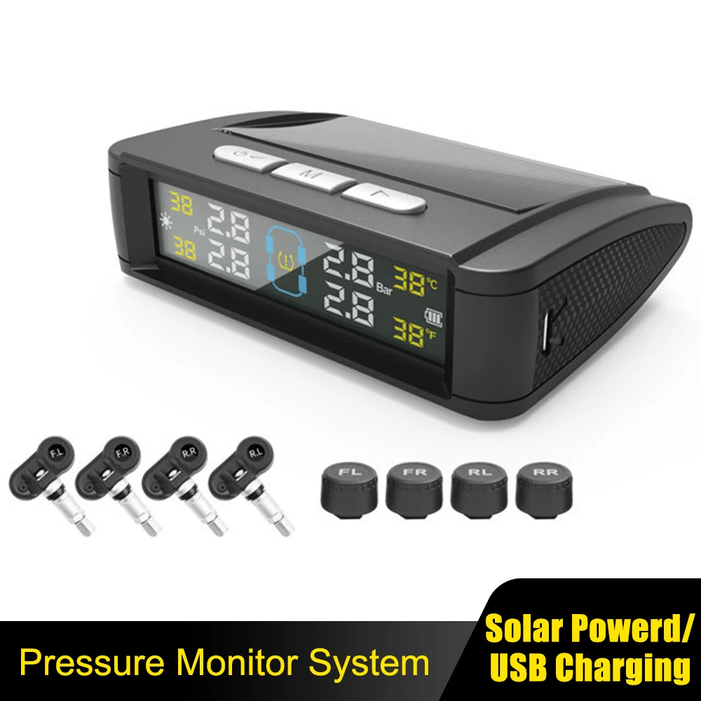 Tire Pressure Monitoring System Tyre Temperature Monitor Auto Security Alarm Systems Solar/USB Powered Car TPMS