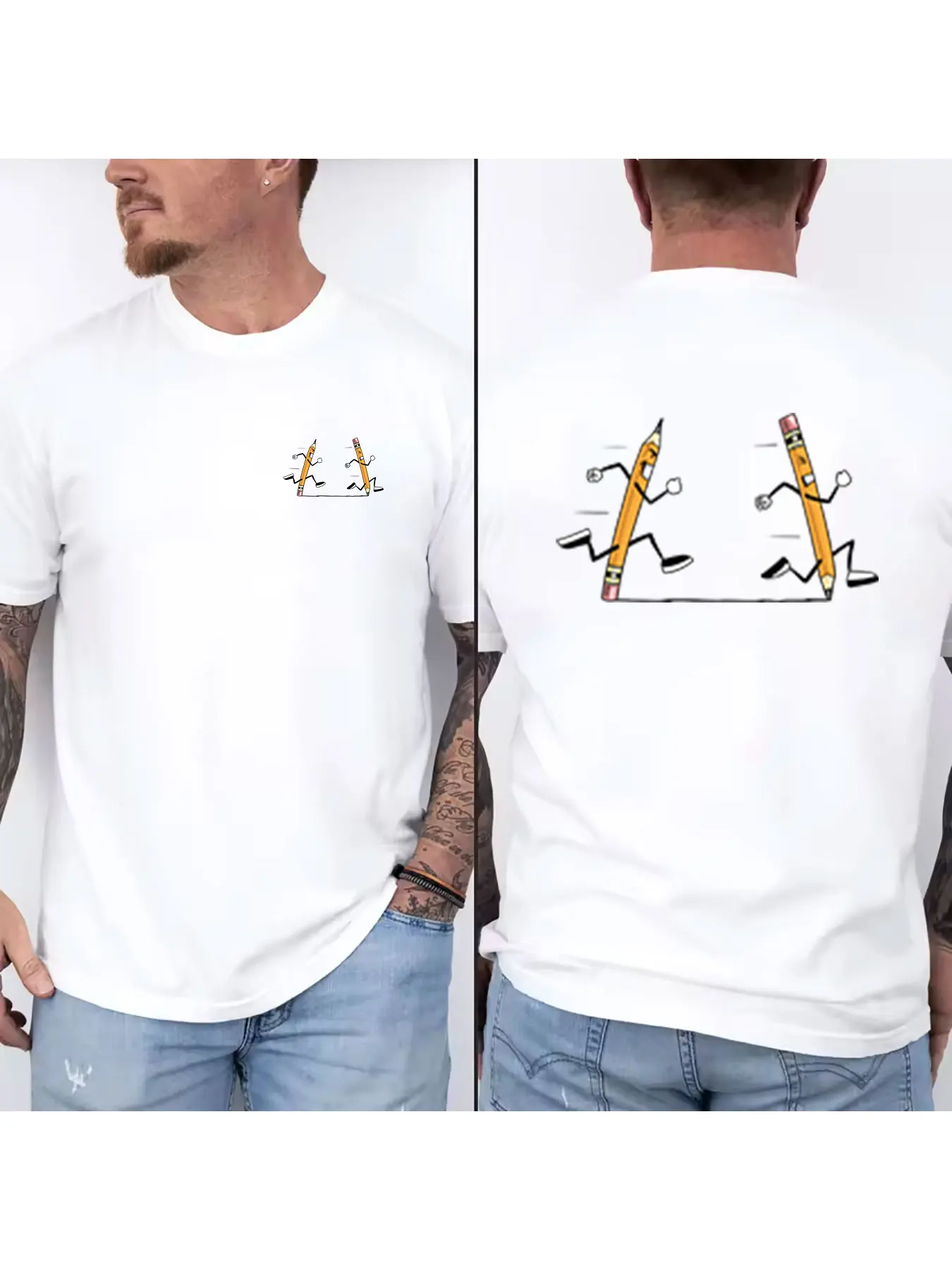 New Summer Men's Short Sleeve Pencil In Tape Rewind Funny T-Shirt Rainbow Cassette Tape Diagram Print White Casual Tees Boy Tops