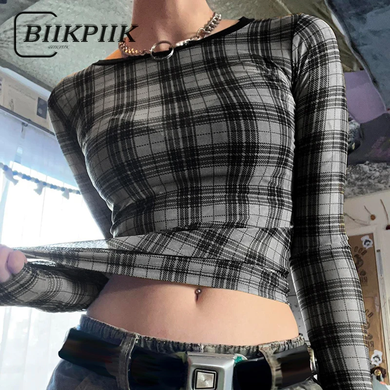 

BIIKPIIK Vintage Plaid T-shirts O-neck Long Sleeve Women Tees Casual Slim Fit Mesh Tops Fashion All-match Concise Outfits Autumn