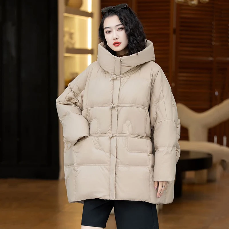 Schinteon Women Down Jacket Casual Over Size Autumn Winter Outwear with Hood Warm White Duck Down Vintage Coat 2024 New
