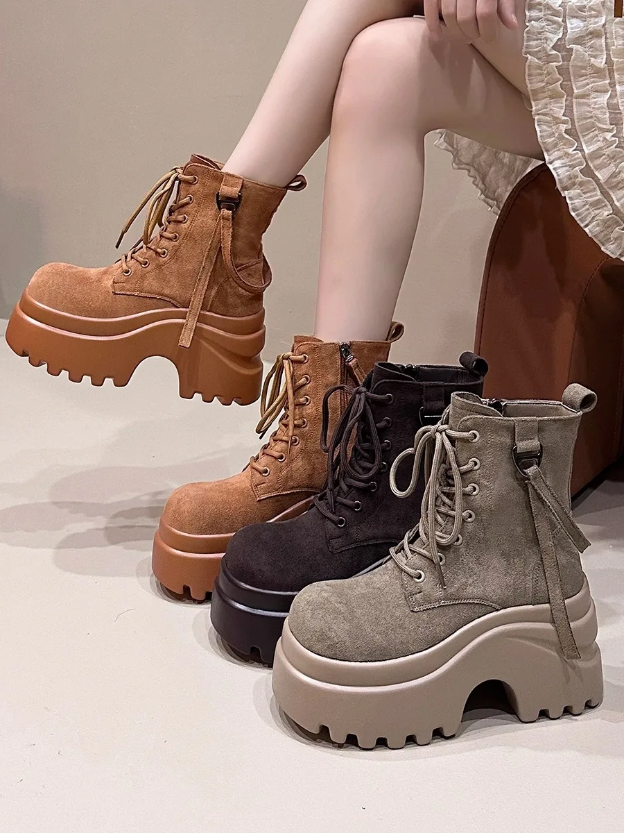 

Ретро-ботинки женские весенние новые модные укороченные ботинки на толстой подошве с увеличением роста, модные ботинки с перекрестными пряжками