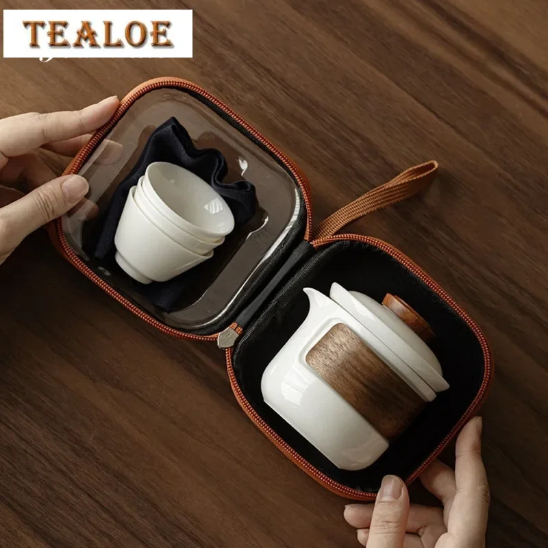 

Sheep Fat Jade Travel Tea Set White Porcelain Portable Cup Ceramic 1 Pot 3 Cups Filter Tool Chinese Teapot Ceremony Tools Puer