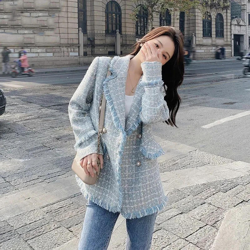 2026 Blue Small Fragrant Style Suit Jacket Women's Spring Autumn New Good-looking Burr Thousand Bird Grid Suit Outerwear