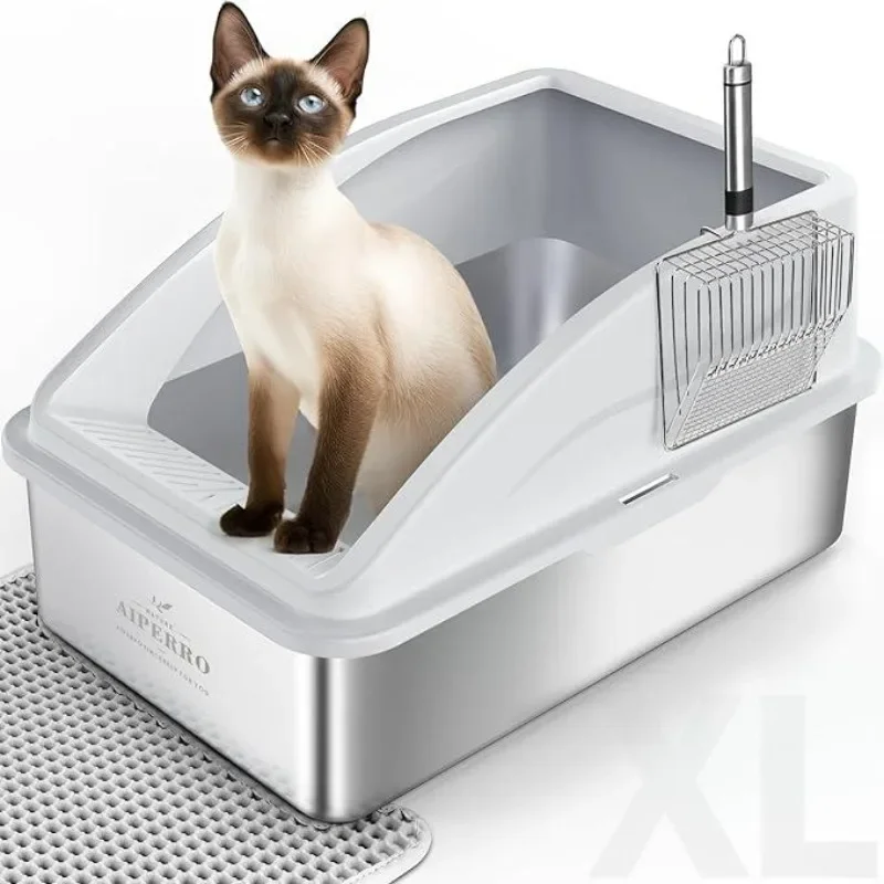 AIPERRO Enclosed Cat Litter Box Stainless Steel with Lid, XL Extra Large Litter Box,with Cat Mat and All-Metal Litter Scoop