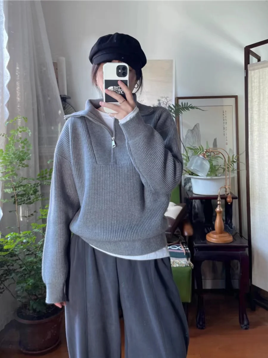 

Fall Lazy Sle Zipper Design Loose Bubble Sve Knitted Sweater Women's Faion Commute Loose Fit Long Sve Crew Ne