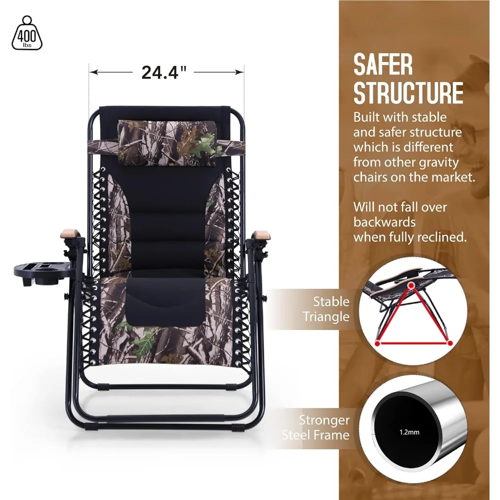 Sun Loungers,Oversize Zero Gravity Chairs, Padded Recliner,with Free Cup Holder, Supports 400 LBS (Camouflage)