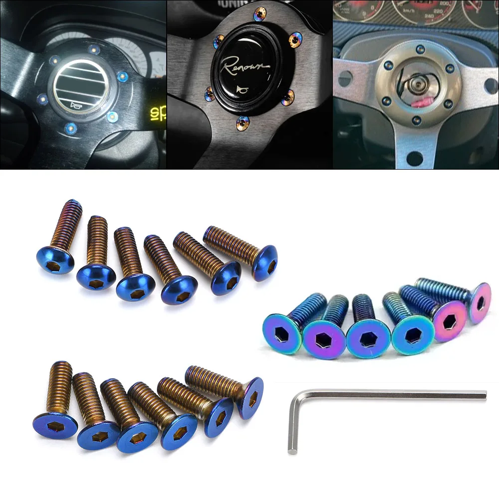 6Pcs Burnt Titanium Steering Wheel Bolts Screw 1pc Wrench Kit for Momo Nardi NRG Works Bell Boss Tool Car Accessories