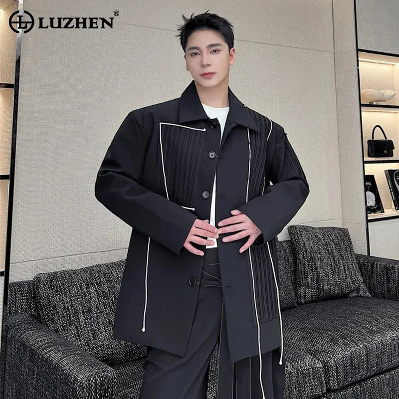 

LUZHEN Fashion Personalized Drawstring Patchwork Loose Casual Jacket Men's 2025 Autumn Original Pleated Design Male Coat JY4289