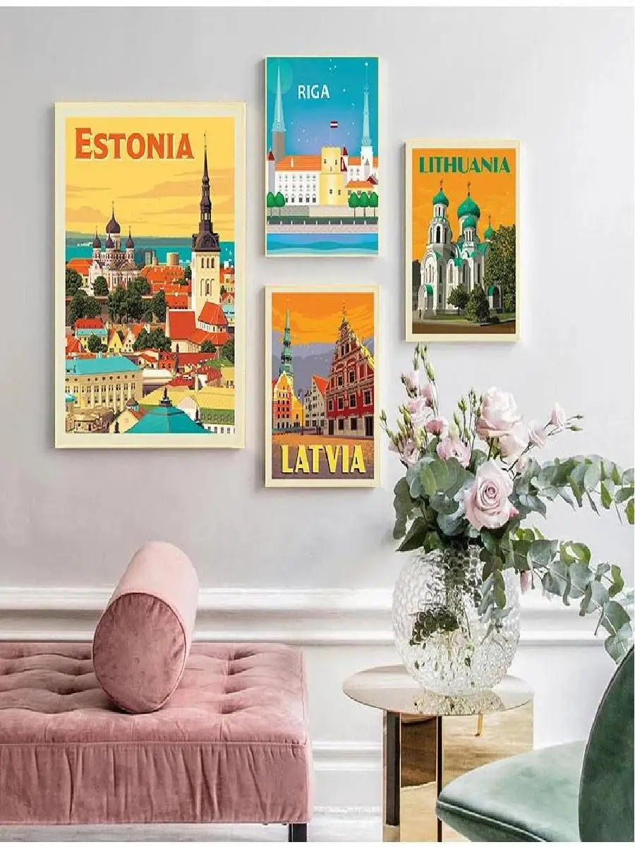 Vintage Baltic Travel Canvas Paintings  Estonia Latvia Lithuania Riga Tallinn  Kraft Posters Coated Wall Stickers  Home Decor Gi