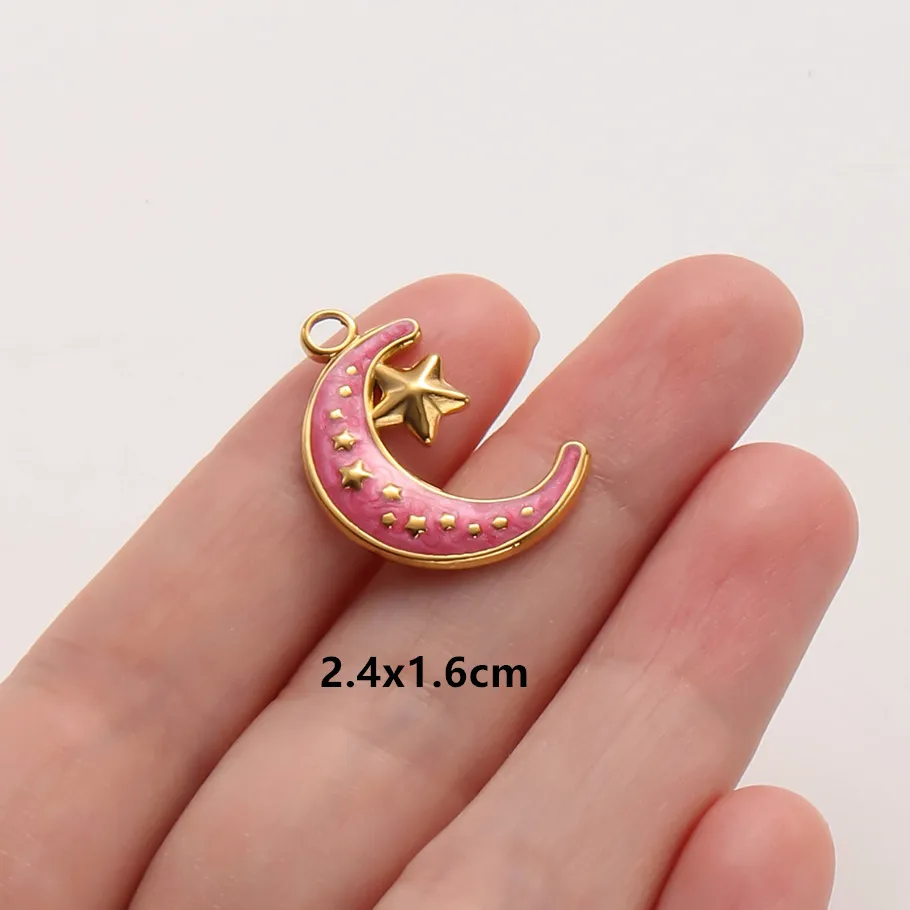 3 Stück modische Luna-Anhänger mit achtzackigem Stern und Sonnenauge, handgefertigt, rosa Tropföl, Edelstahl-Anhänger für die Schmuckherstellung, Halskette – Detail 11