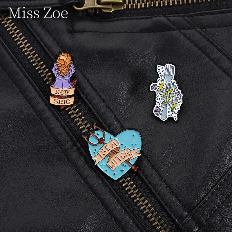 Sea Witch Now Sing Under The Sea Enamel Pins Trident And Fork Foam Conch Starfish Shell Brooches Backpack Badges Jewelry Gift