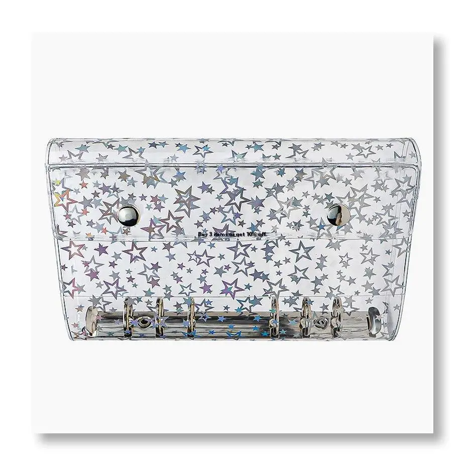 ✱A6 Budget Binder Cover Clear PVC 6 Ring Binder Glitter Star Refillable Notebook Shell Protector with 2 Snaps