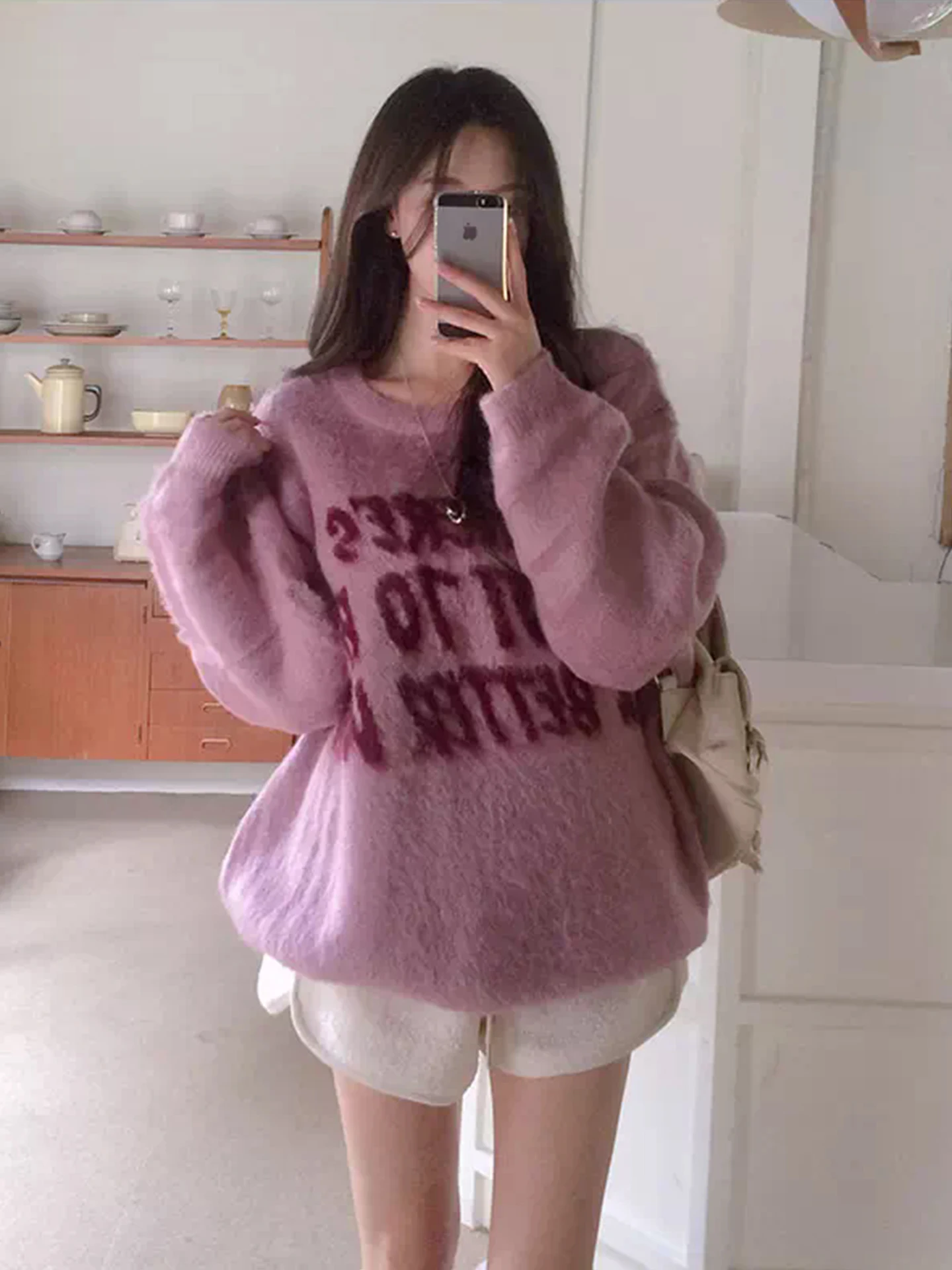 

Retro Heavyweight Plu Letter Print Overhead Sweater Women's Winter New Sle Color Blo Versatile Knitted Top