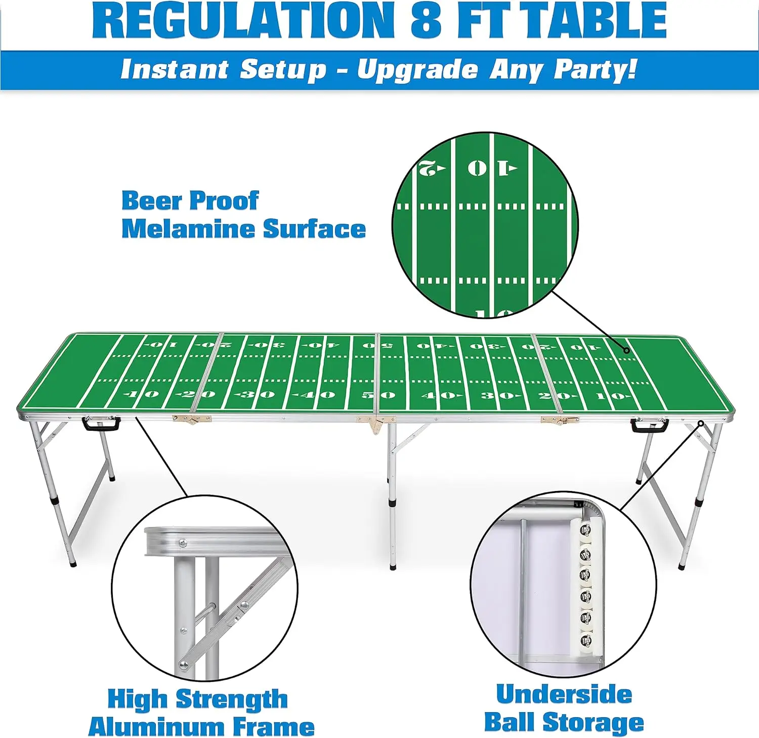 8 Foot Portable Beer Pong / Tailgate Tables (Black, Football, American Flag, or Custom Dry Erase)