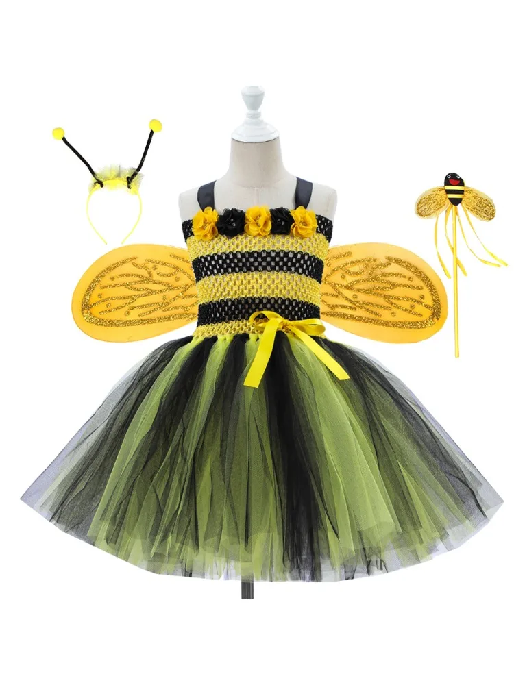 Little Bee Tutu Dress for Girls Halloweeen Cosplay Costume Tulle Flowers Kids Holiday Party Honeybee Fairy Fancy Dress Up Outfit