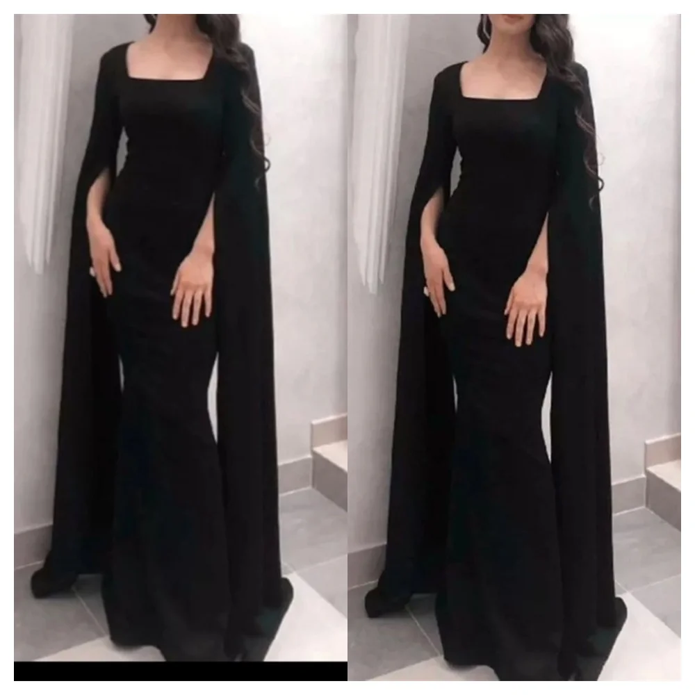 ที่กําหนดเอง Mermaid ประณีตสีดํา Jersey ชุดราตรีโมเดิร์นสแควร์คอยาวแขนยาวชุดง่าย Celebrity Gowns