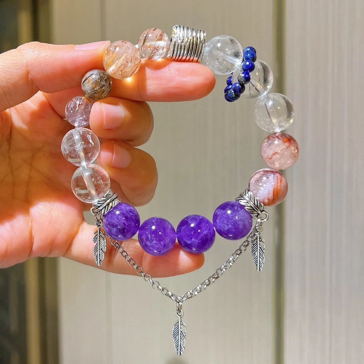 

Natural amethyst white crystal black gold super red glue flower lapis lazuli design sense atmosphere sense fringed bracelet brac