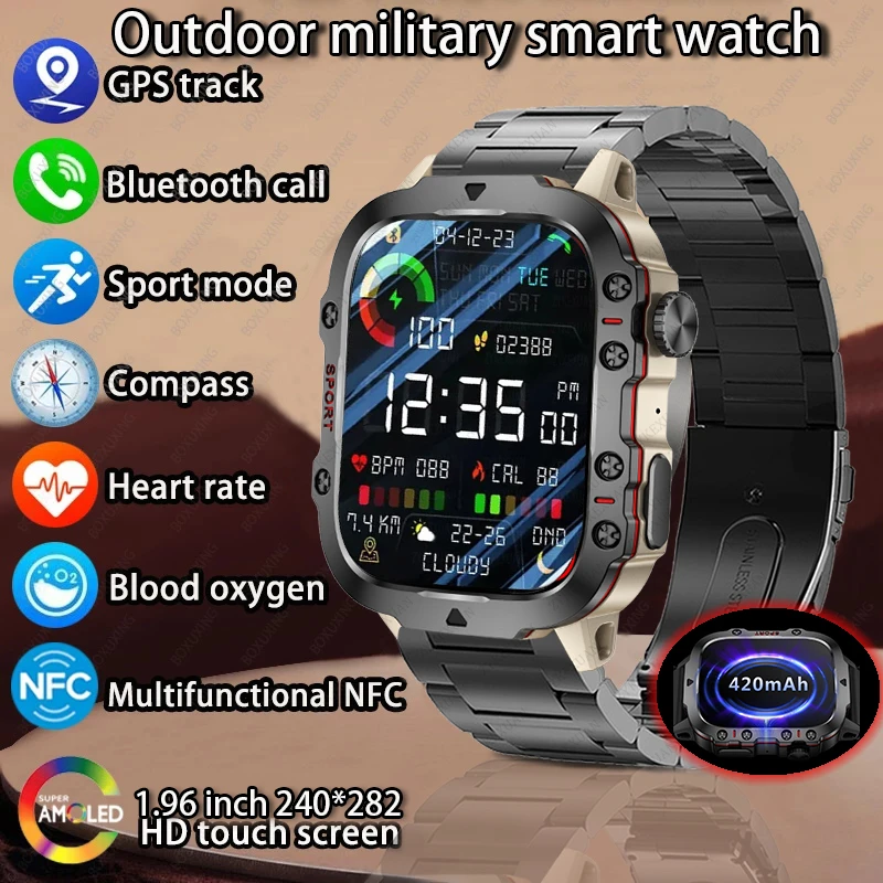 

Rugged Military Smart Watch Men For Android Xiaomi Ios Ftiness Watches 3ATM Waterproof 1.96'' AI Voice Bluetooth Call Smartwatch