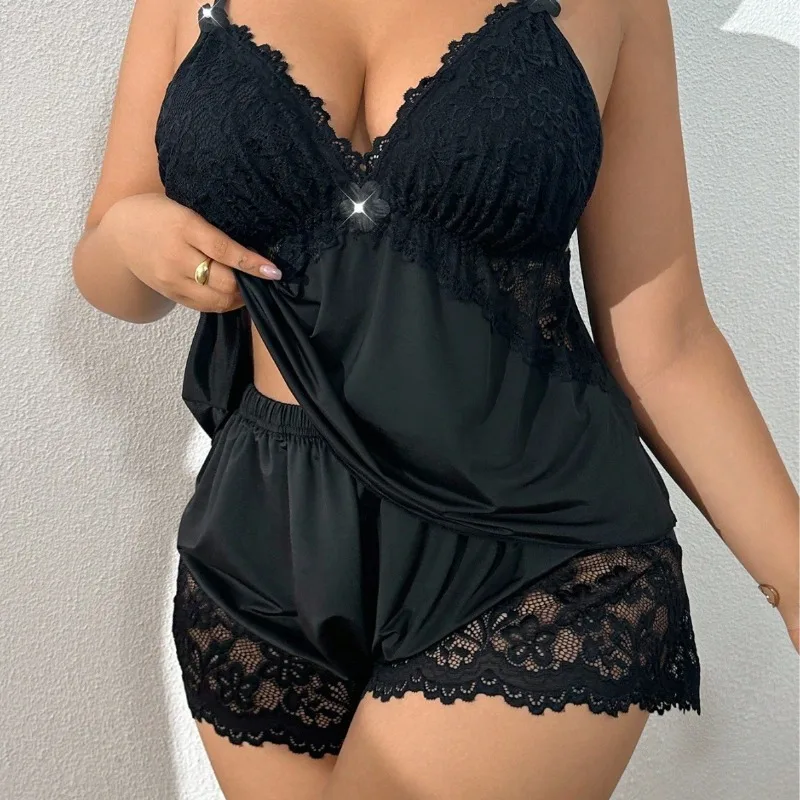 Women's Plus Size Lace Lingerie Set, Black Pink 2Pcs Cami Top & Shorts Pajama, Sexy Sleepwear for Nightwear & Date Night XL-3XL
