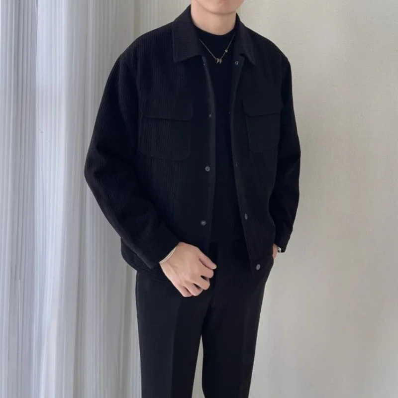 ​Autumn Spring Men's Corduroy Jacket Military Collared Short Jacket Loose Fit Stylish Workwear for Daily Wear​