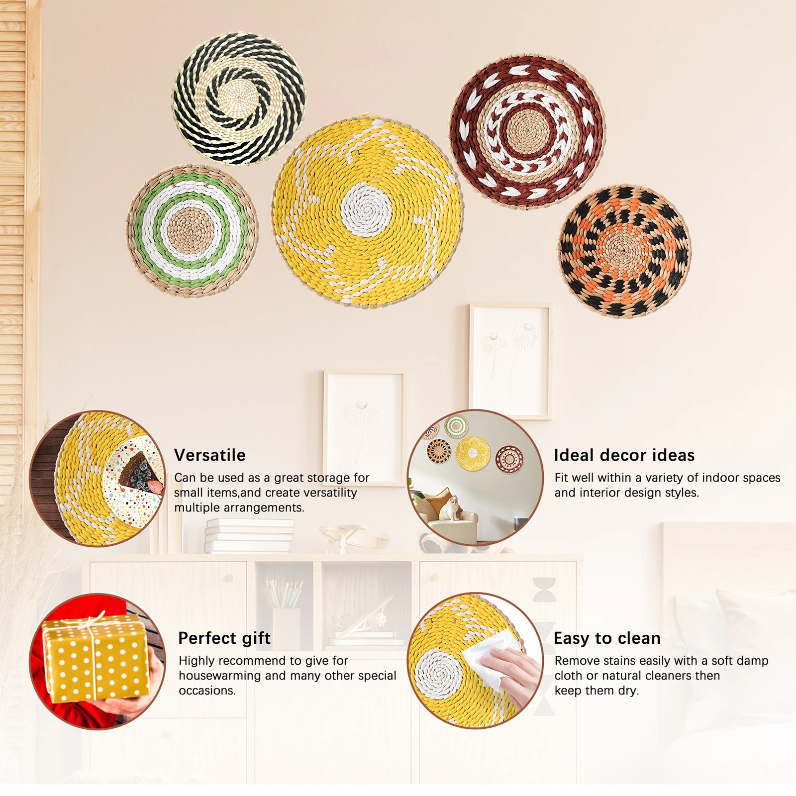 5Pcs Boho Woven Wall Baskets Decor Natural Seagrass Handmade Wall Art Bohemian Round Wicker Wall Decor for Living Room Bedroom