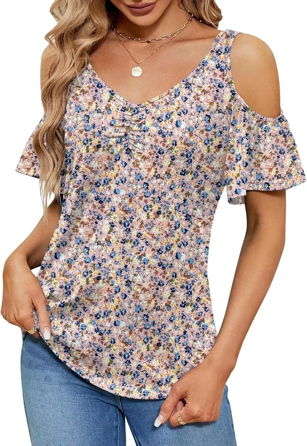 Summer new large-size women\'s print V-neck off-the-shoulder T-shirt short-sleeved blouse woman