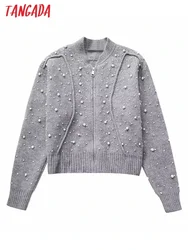 Tangada 2023 Women Gray Pearl Decorate Thick Cardigan Sweaters Zipper Long Sleeve Female Jumper BE123