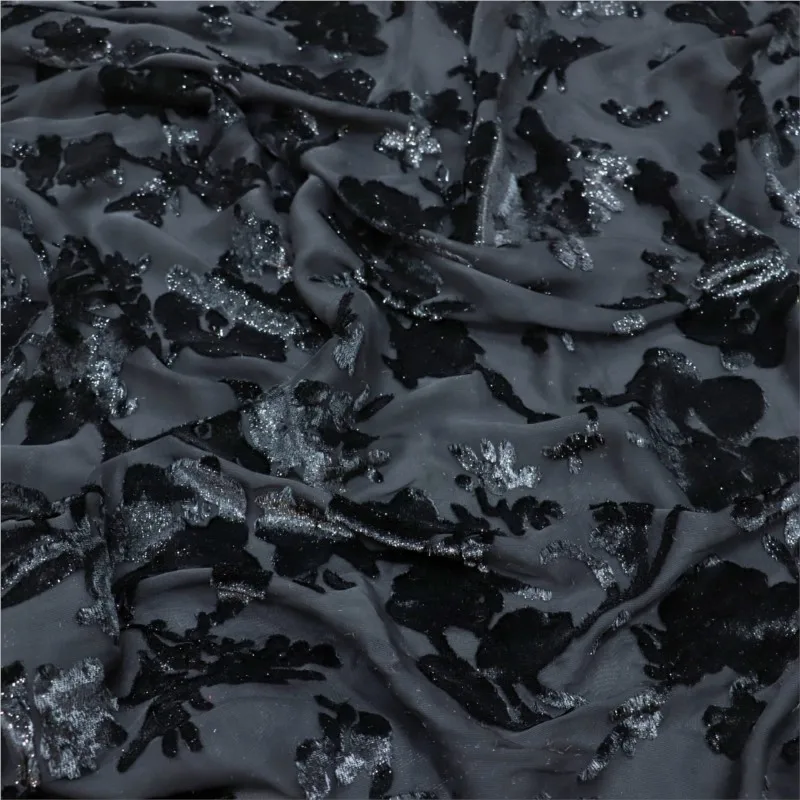 Tela brocada viscosa terciopelo poliéster-poliéster seda semibrillante arrugada flor y tela quemada para camisón falda cheongsam