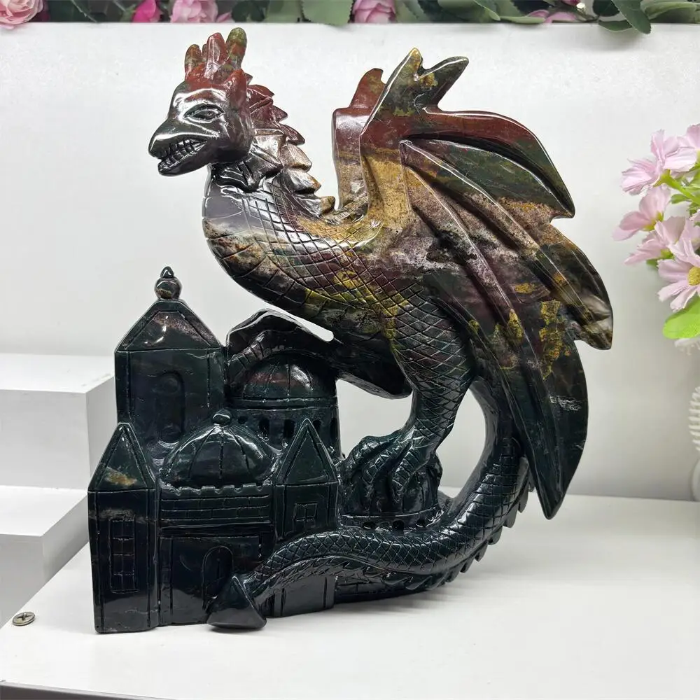 Ocean Jasper Flying Dragon Carving Animal Quartz Polished Natural Healing Figurine Home Decor Craft Gift for Stress Relief