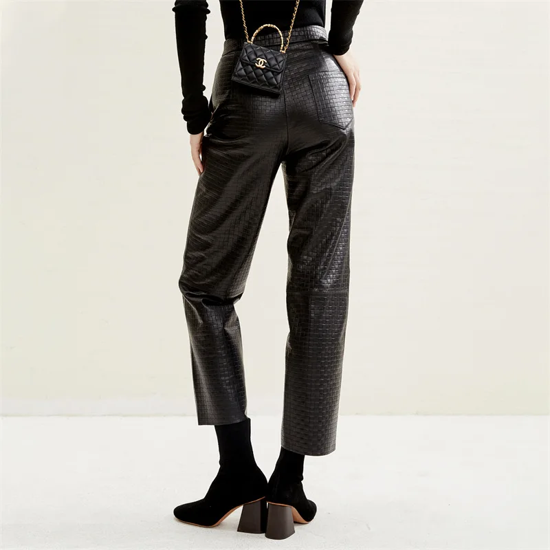 2023 Genuine Leather Pants, Autumn and Winter New Style, Casual Style, Diagonal Pocket and Embossed Design, Sheepskin Straight l