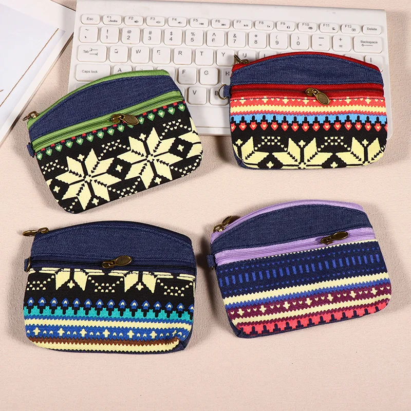 New Ethnic Style Handbag Fabric Double Zipper Coin Purse Coin Pouch Out Going Key Pouch Card Holder Wrist Bag Women Handbags