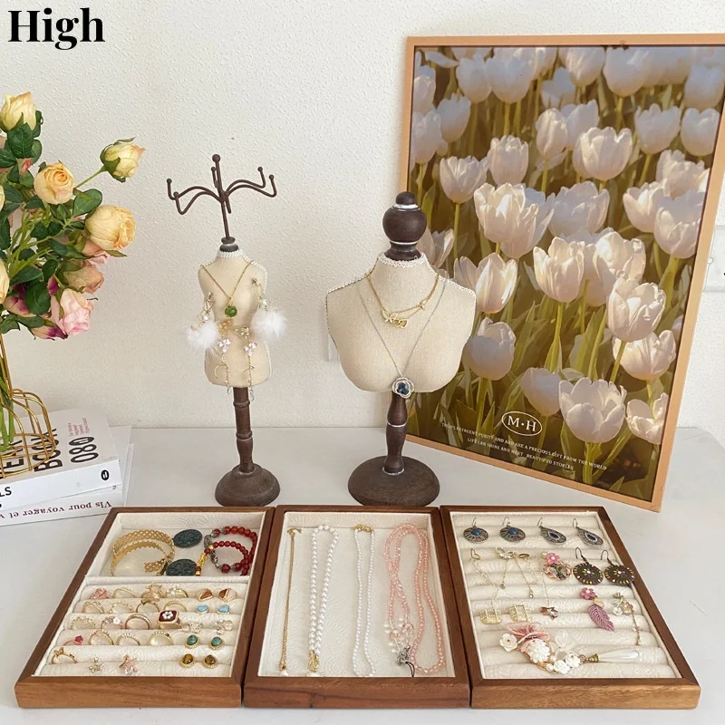 

Retro HighEnd Walnut Solid Wood Jewelry Box With Acrylic Glass Cover Linen Lining Necklace Ring Earring Storage Display Box