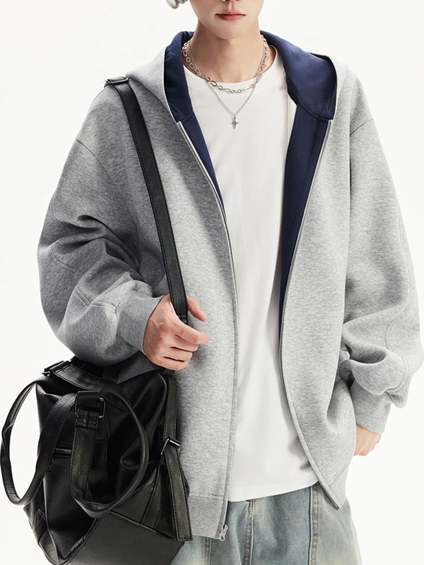

Trendy American Heavyweight Hooded Cardigan Unisex Loose Versatile Lazy Color Block Couple Jacket Long Sleeve Zipper Closure