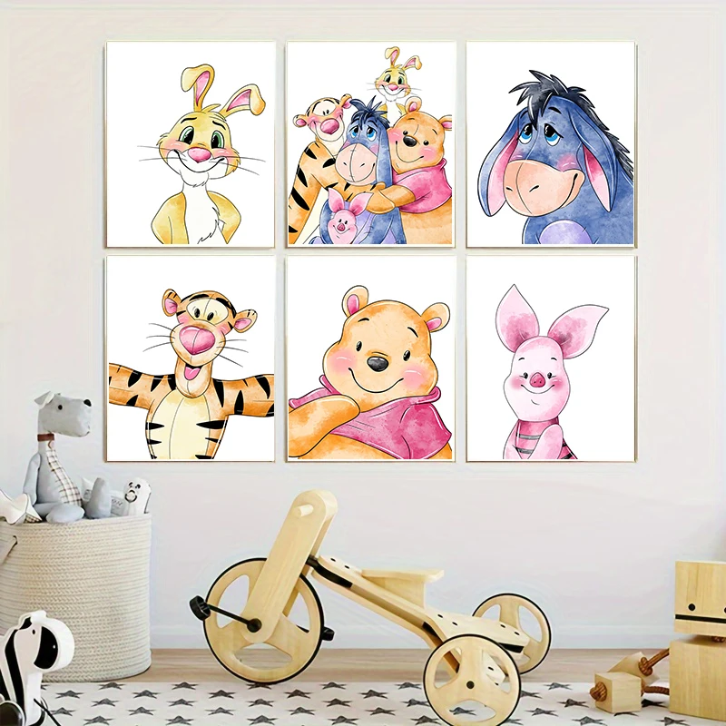 6Pcs Miniso Disney Tigger Piglet Winnie Pooh Poster and Prints Canvas Paintings Living Room Decor Wall Art  Home Decor Unframed