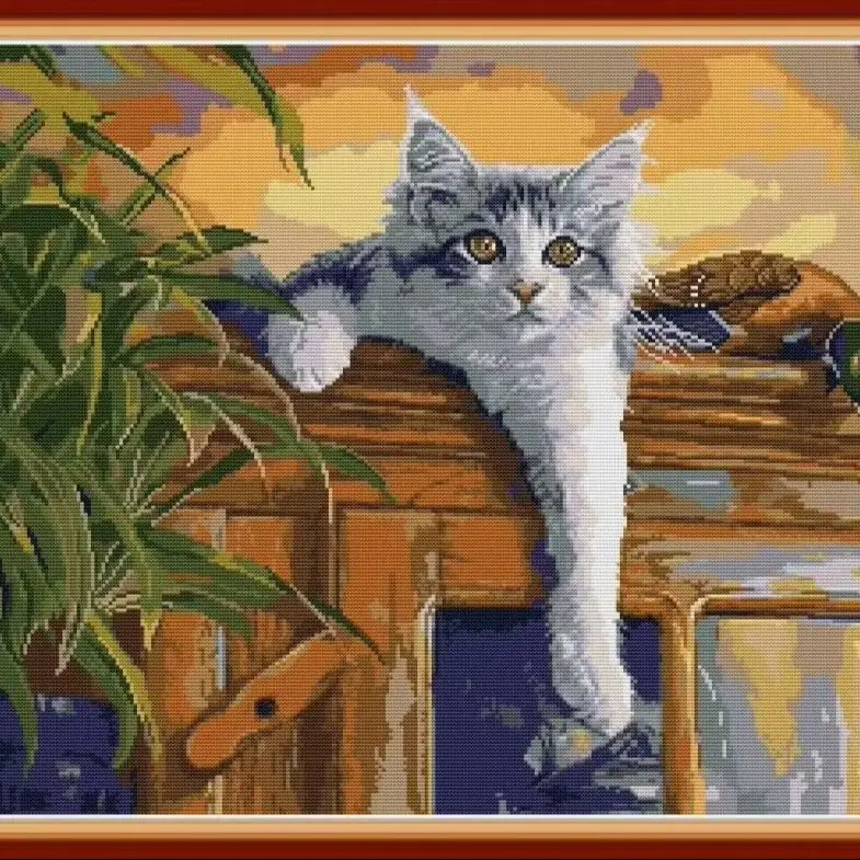 Adorable Finished Cat Cross Stitch Art, Handmade Embroidery Wall Decor, Charming Kitten Design, Perfect Home Accent, Pre-Framed