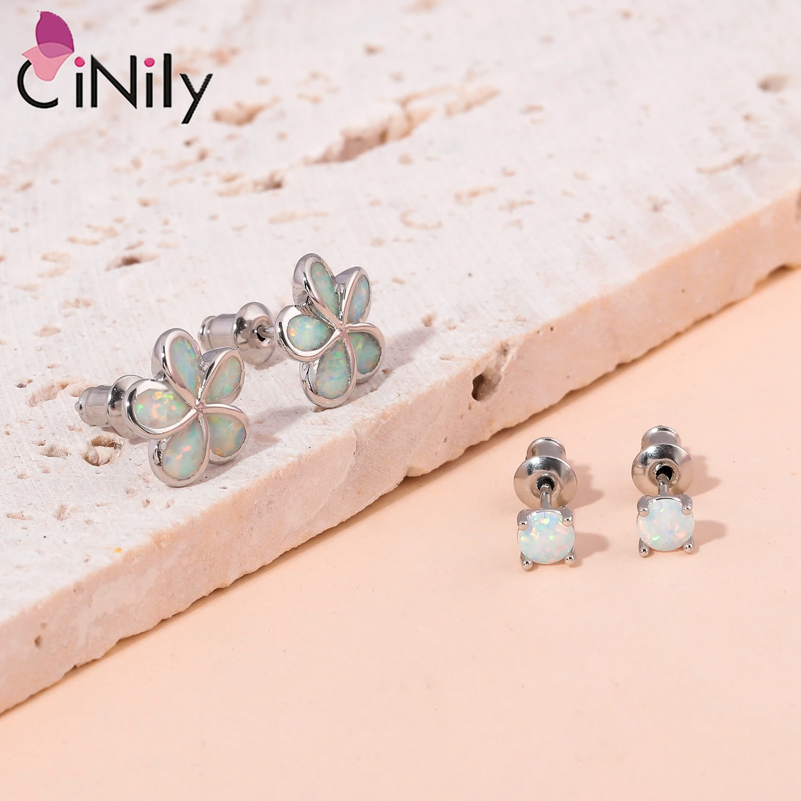 CiNily 2 Pair of Pink Fire Opal Stud Earrings Silver Plated Flower Earring& Small Round Earring Bohemia Boho Summer Chic Jewelry