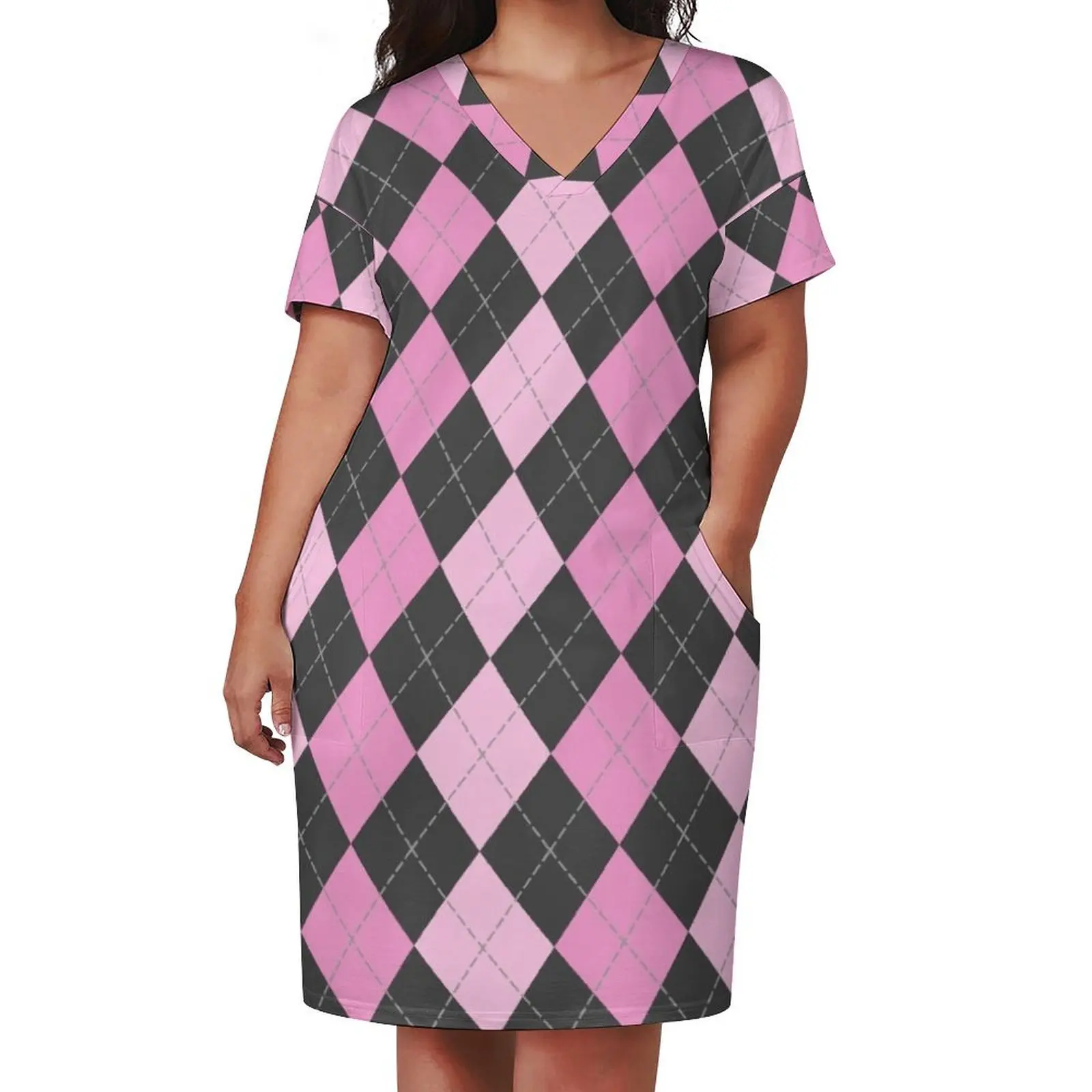 Pink and Gray Argyle Pattern Loose Pocket Dress dress women summer 2025 Women long dress Long woman