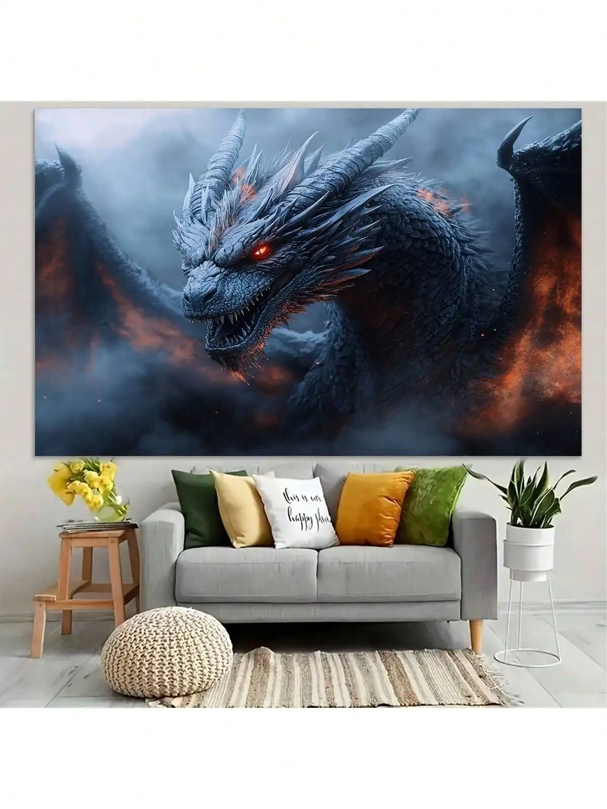 Dragon Tapestry - Fantasy Fire Dragon Wall Hanging, Mythical Creature Art, Game Room Bedroom Decor, Multiple Sizes