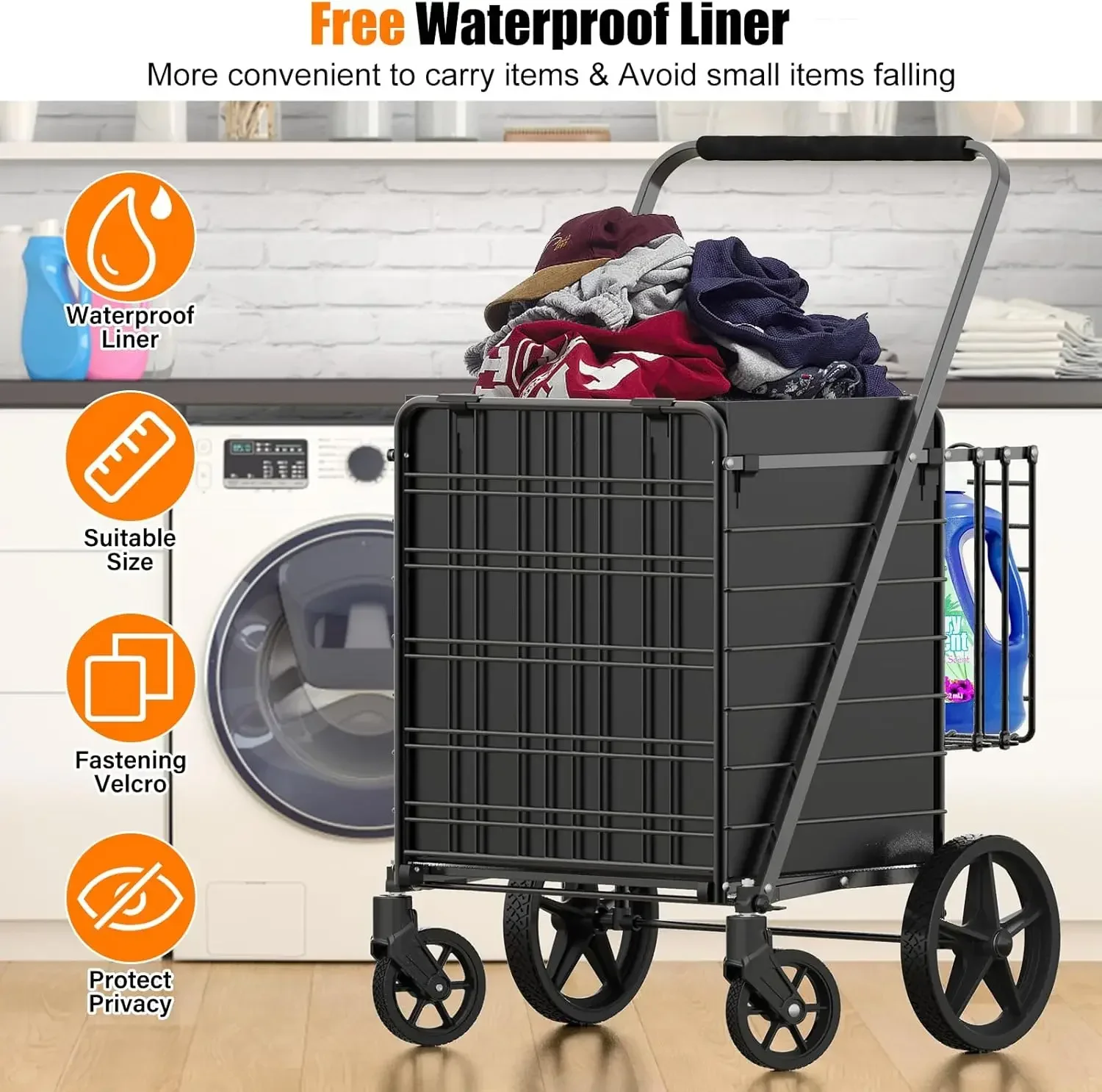 Shopping Cart for Groceries, 450lbs Heavy Duty Grocery Cart on Wheels, Folding Dual Basket Utility Carts with Waterproof Liner,