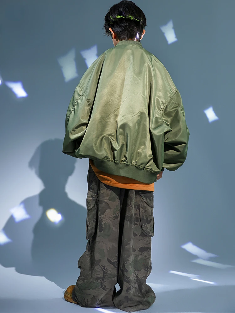 New Jazz Modern Dance Costumes for Kids Green Jacket Camo Pants Suit Boys Girls Hip Hop Dancing Performance Wear Teenage Clothes