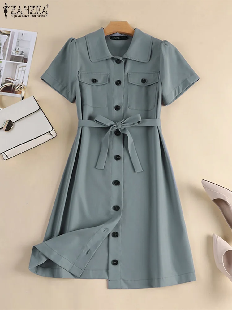 2023 ZANZEA Summer Women Elegant Party Work Knee-length Vestido Lapel Neck Short Sleeve Solid Dress Y2K Cargo Dresses Robe Femme