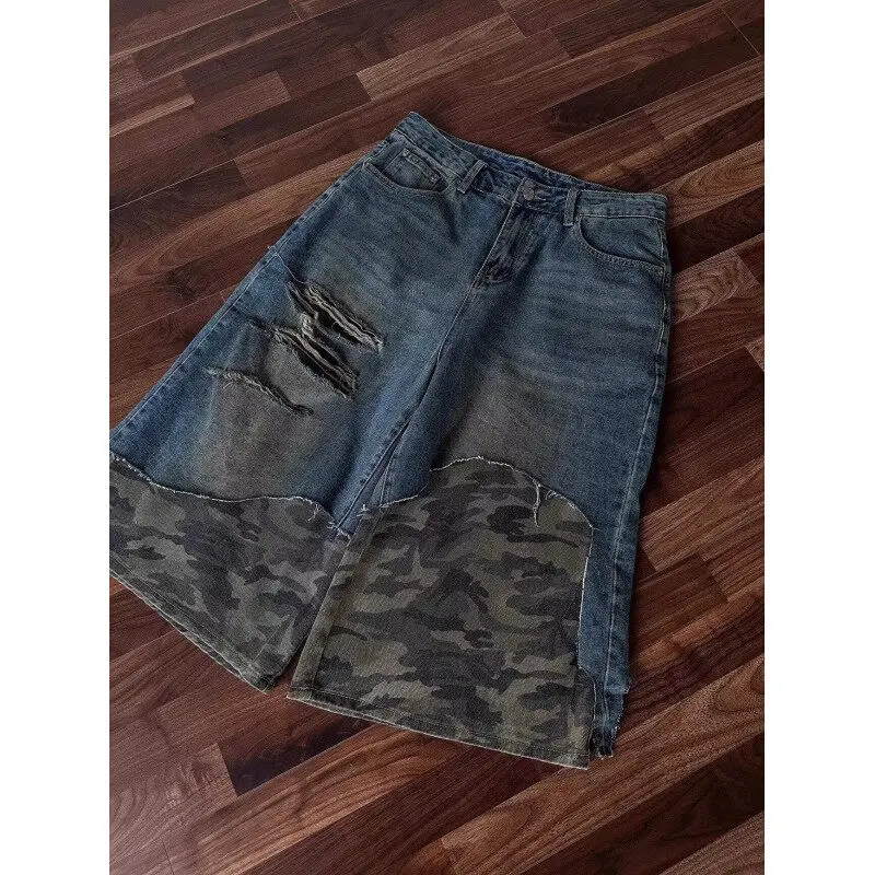 Męskie patchworkowe jeansy z efektem postarzenia, krótkie, luźne, letnie, codzienne spodnie jeansowe, spodnie capri męskie.