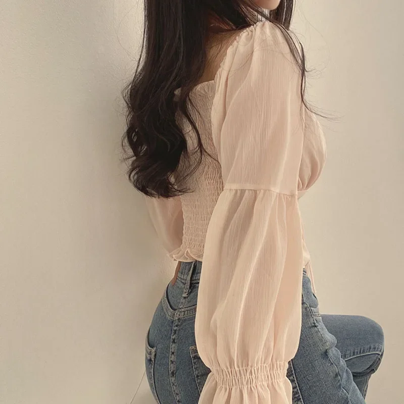 Korean Style Chiffon Blouse with Ruffled Sleeves and Waist Tie, Short Shirt with French Sexy Strap Square Neckline for Women